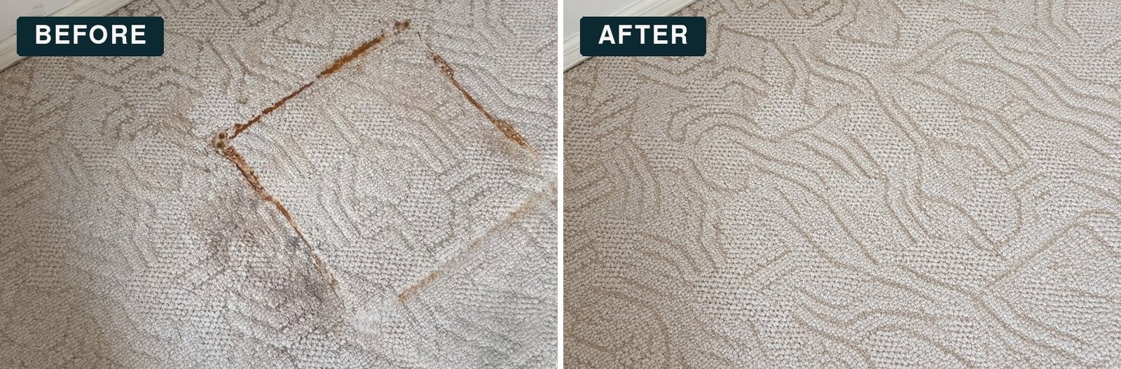 Before and after carpet cleaning in Balm, FL: bedroom carpet with rust stains and dark soiling, restored to a clean, even look