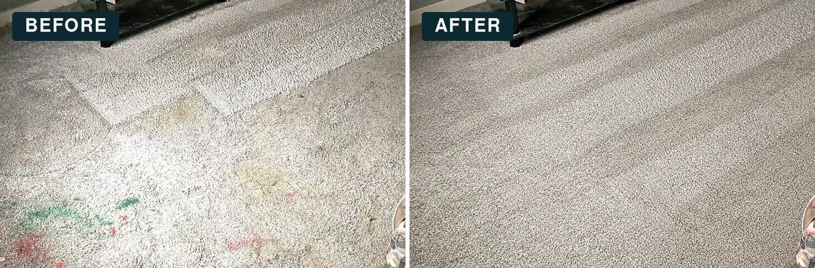 Before and after carpet cleaning in Gibsonton, FL: living room carpet with green and red color stains from kids' school projects, restored to a clean, even look