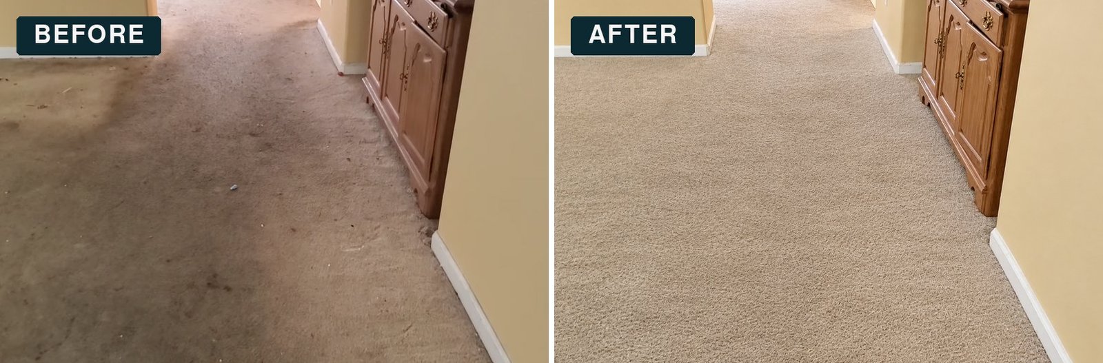 Before and after carpet cleaning in Ruskin, FL: family room carpet with a dark traffic path and tracked-in dirt, restored to a clean, even look