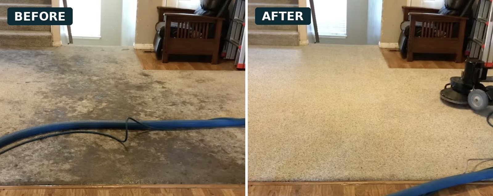 Before and after carpet cleaning in Ruskin, FL: heavily soiled living area carpet by the stairs, restored to a clean, even color