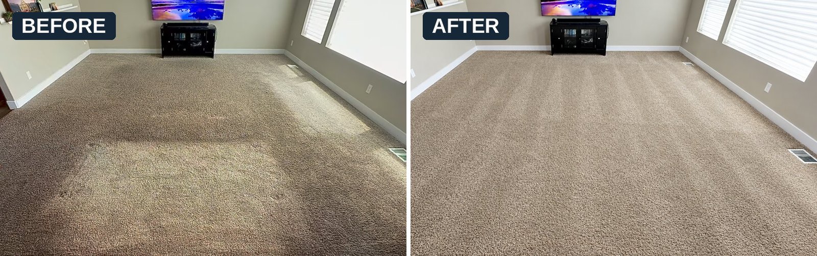 Before and after carpet cleaning in Southshore Bay, FL: living room carpet with dark traffic lanes and uneven soiling, restored to a clean, even color