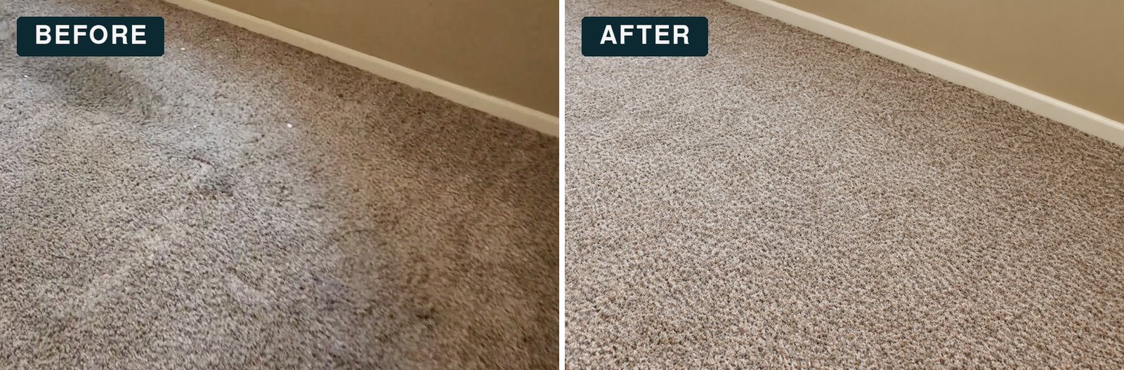 Before and after carpet cleaning in Sun City Center, FL: bedroom carpet with dark traffic soiling, restored to a clean, even look