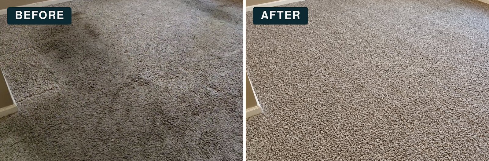 Before and after carpet cleaning in Sun City Center, FL: living room carpet with dark traffic lanes, restored to a clean, even look